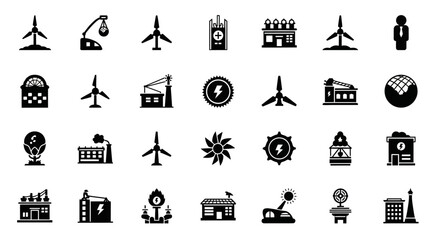 Fototapeta premium Set of Vector Icons Black Silhouette Icons of Energy Industry and Sustainability Elements. Vector Illustrations. EPS Editable