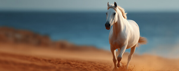 Majestic white horse galloping across sandy terrain near the ocean, showcasing strength and grace in motion, with a blurred background of water and sky
