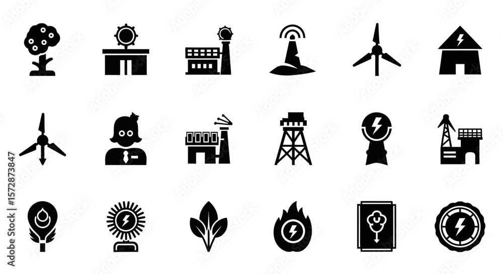 Poster set of vector icons collection of black alternative energy and power source icons. vector illustrati