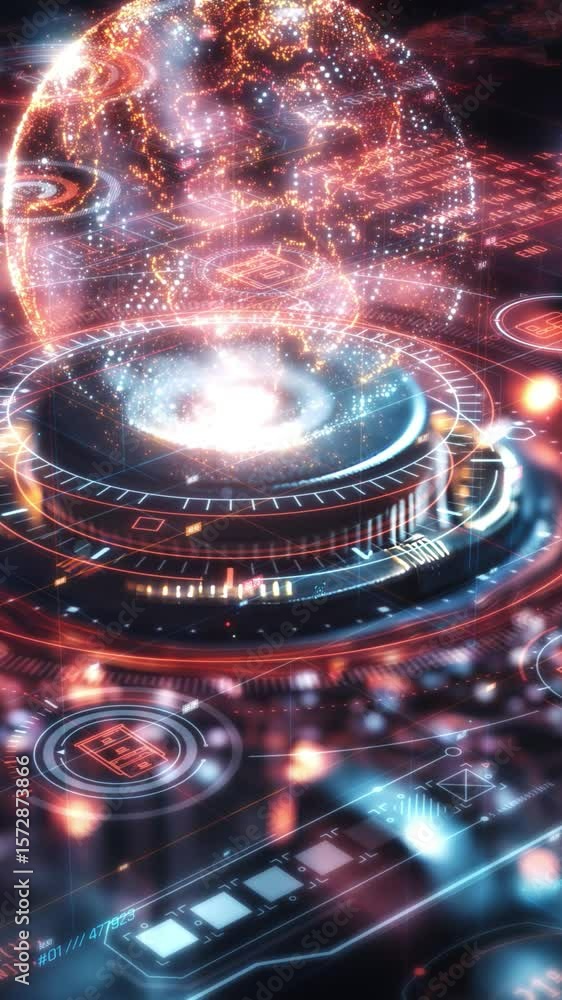 Poster futuristic earth hologram rotating on technological platform with data flowing
