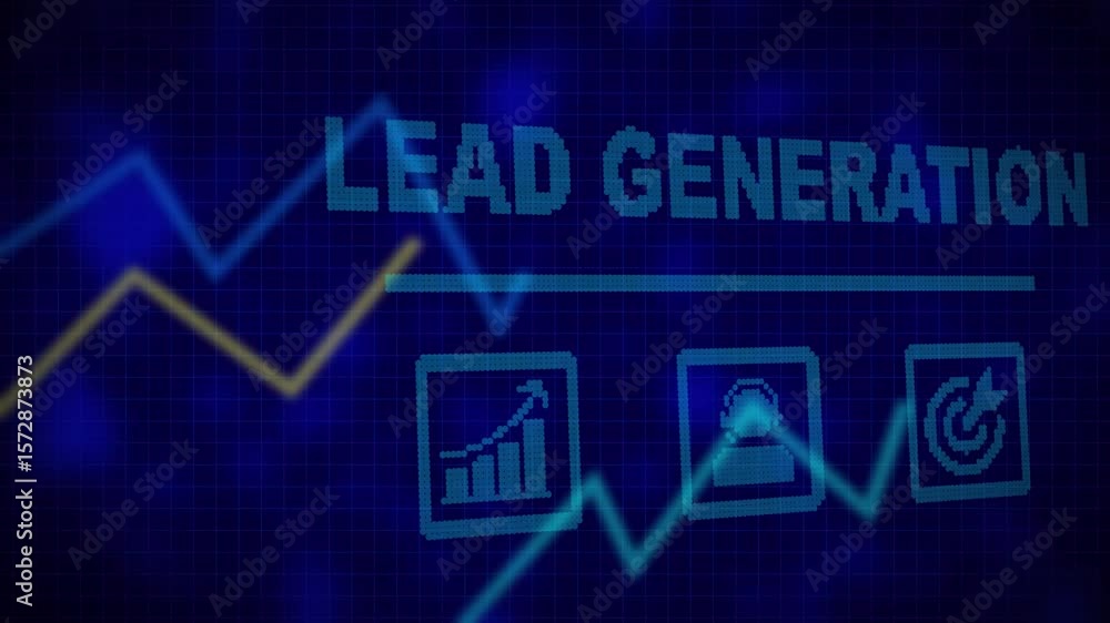 Poster a giant blue computer display with a flashing lead generation business concept. abstract data graph 