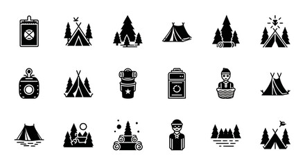 Set of Vector Icons Camping Icons Set Tents People and Nature. Vector Illustrations. EPS Editable