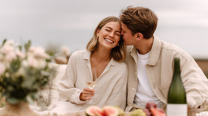 Happy young couple on romantic outdoor date. Woman in striped beige shirt holding wine glass while man kisses her cheek. Intimate terrace dining lifestyle moment.