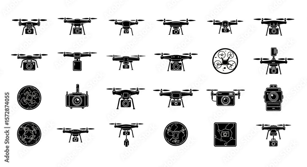 Poster set of vector icons collection of black and white drone icons with cameras and circular designs. vec