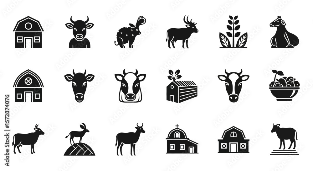 Poster set of vector icons collection of black and white farm and agriculture icons in vector format. vecto