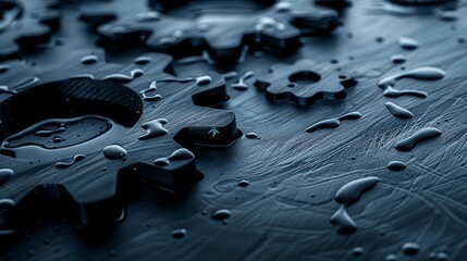 Detailed close up of a gear with oil splash set against a dark background for dramatic effect