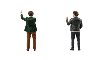 Two people standing back to viewer in different casual outfits facing away with raised hand