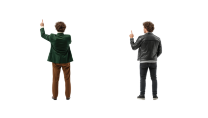 Two people standing back to viewer in different casual outfits facing away with raised hand