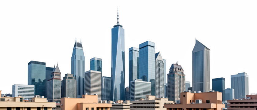 Modern skyline featuring tall buildings and skyscrapers, showcasing blend of glass and steel architecture. scene evokes sense of urban life