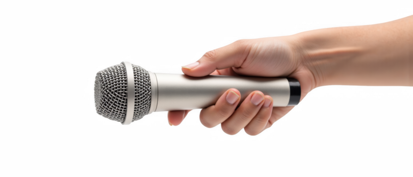 Hand holding silver microphone, symbolizing communication and performance, ready for use in various settings