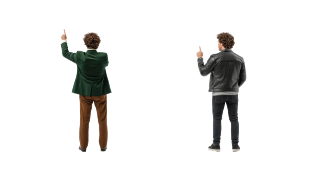 Two people standing back to viewer in different casual outfits facing away with raised hand