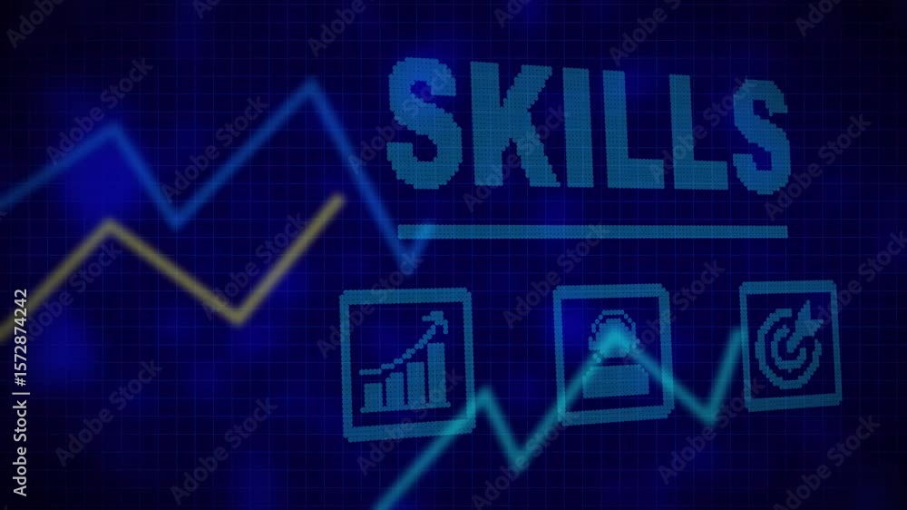 Poster skills business concept on a flashing computer monitor with moving graphs and data. business profit 