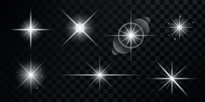 Set of light effects silver white glowing light isolated on transparent background. Solar flare with rays and glare. Glow effect. Star burst with shimmering sparkles	