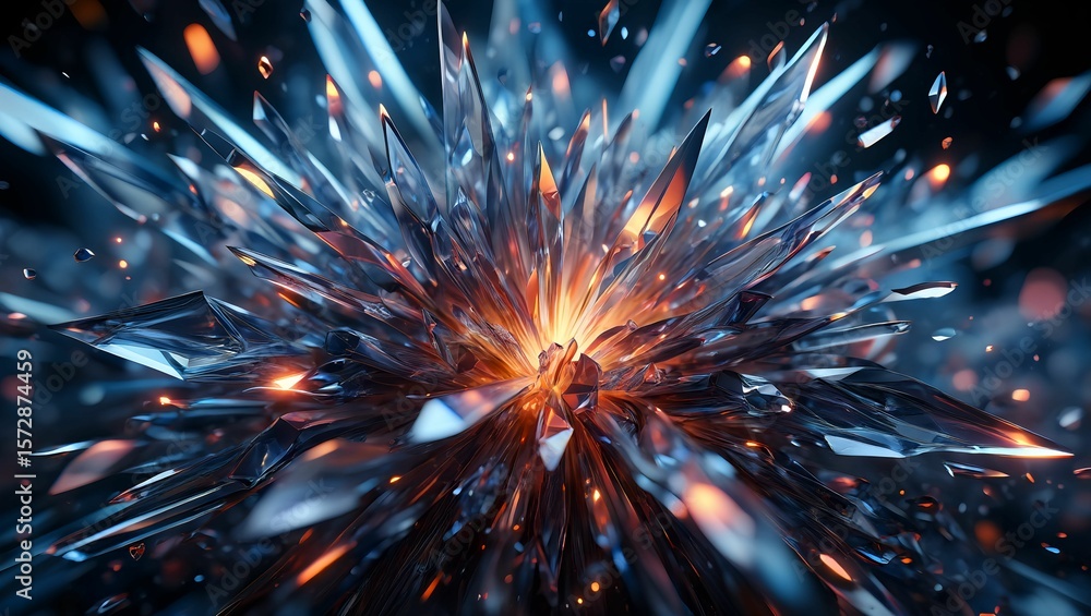 Poster abstract explosion of sharp glass shards and glowing orange embers against a dark background