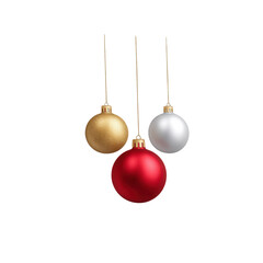 Three Colorful Christmas Ornaments Hanging with Bright Reflections on a Transparent Background for Holiday Celebrations