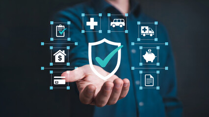 Man presenting a shield with a checkmark, surrounded by insurance icons, representing protection and assurance for financial and health security against various risks.