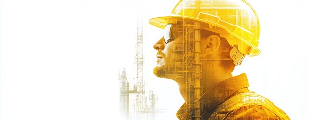 Artistic silhouette of construction worker with hard hat and golden double exposure of oil refinery plant representing heavy industry and engineering profession concept in bright light