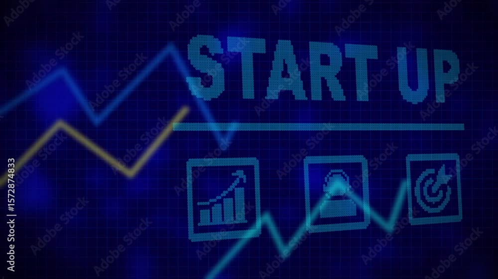 Poster startup business concept on a flashing computer monitor with moving graphs and data. business profit