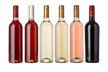 Set of red, white, and rosé wine bottles isolated on a white background.