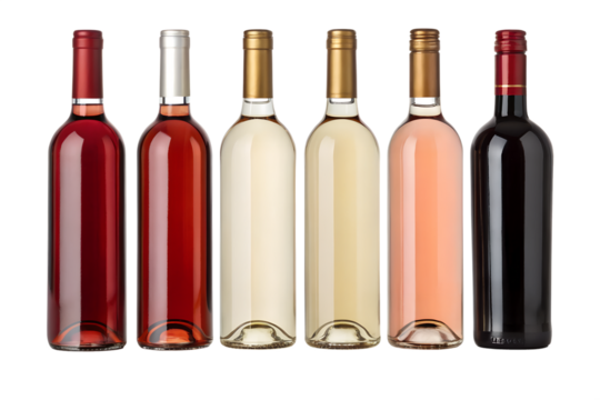 Set of red, white, and rosé wine bottles isolated on a white background. - Powered by Adobe