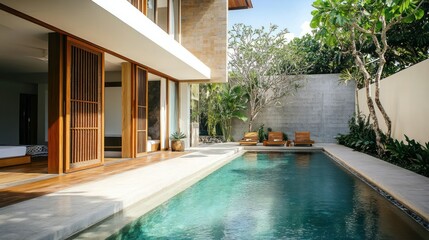 Modern villa with pool and wooden door