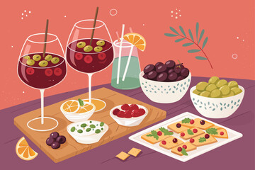 Vibrant vector art of a Spanish tapas bar, showcasing diverse small dishes, olives, and sangria.