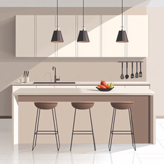 Minimalist Kitchen Illustration with Island Seating, Pendant Lights, Wall Cabinets, and Bowl of Fruit
