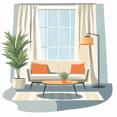 Bright and Cozy Living Room Illustration with Sofa, Floor Lamp, Potted Plant, and Large Window
