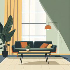 Modern Living Room Illustration with Green Sofa, Floor Lamp, Indoor Plant, and Tall Window in Stylish Decor
