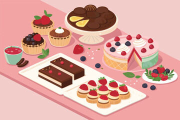 Vector isometric dessert buffet, colorful & inviting.