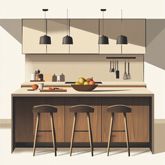 Modern Kitchen Illustration with Island Seating, Pendant Lights, and Minimalist Interior Design
