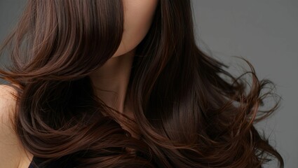 Naklejka premium Close up of a woman s healthy flowing dark brown hair with subtle highlights against a gray background