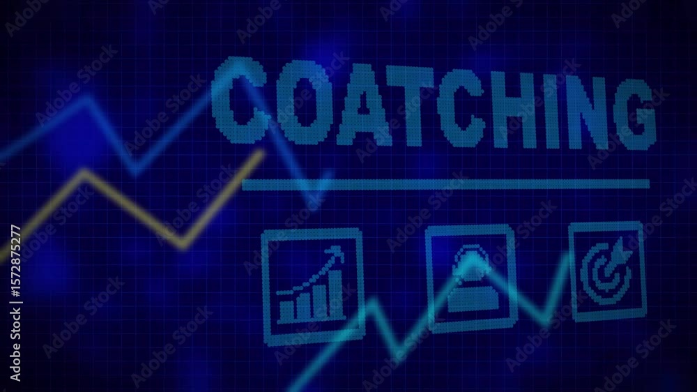 Poster coaching business concept on a flashing computer monitor with moving graphs and data. histogram busi