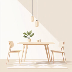 Minimalist Dining Room Illustration with Light Wood Furniture and Soft Neutral Tones
