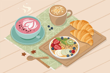 Vector isometric view of a stylish cafe brunch setting.