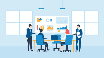 Business meeting with presentation of charts and graphs in a conference room with four people present
