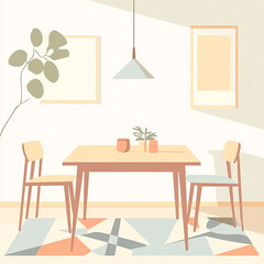 Minimalist Dining Room Illustration with Mid-Century Modern Furniture and Soft Pastel Tones
