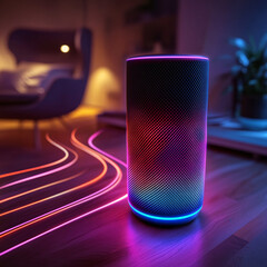 Smart Speaker with Colorful Neon Light Trails in Modern Cozy Living Room at Night
