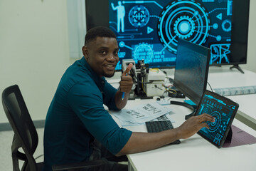 Black engineers are programming in an academic classroom for learning