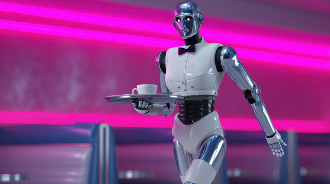 Chrome robot waiter serves coffee in a vibrant neon-lit cafe. Showcases futuristic hospitality and automation. Perfect for modern service innovation.