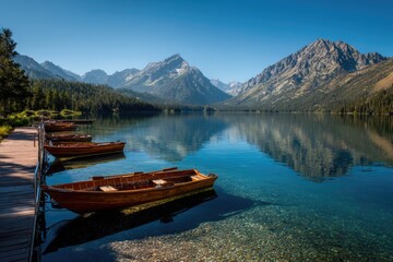 Calm mountain lake with wooden rowboats moored at a dock, reflecting the majestic peaks and clear, shallow water under a vibrant blue sky