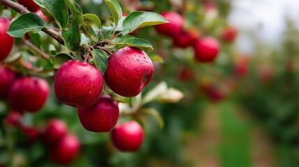 Obraz premium Ripening red apples hang on branches in a lush orchard during harvest season