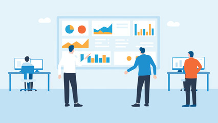 People analyzing data dashboards with charts and graphs in a modern office environment setting here now
