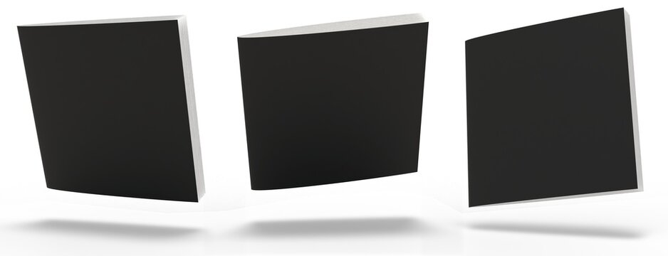 Three square booklets with black blank covers floating over the floor, isolated on white background, mockup illustration.