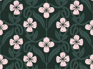 Hand drawn dark floral motif seamless vector pattern
