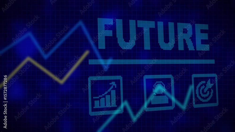 Poster a future business concept on a flashing computer monitor with moving graphs and data. histogram busi