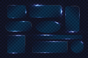 Neon glass frames collection with glowing blue light edges and transparent surfaces. Various geometric shapes - oval, rectangle, circle, square with translucent effect. Futuristic interface design.