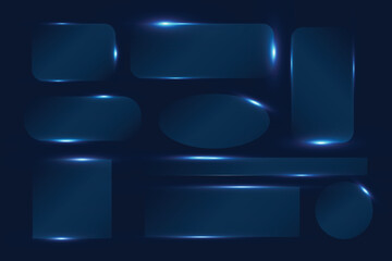Neon glass frames collection with glowing blue light edges and transparent surfaces. Various geometric shapes - oval, rectangle, circle, square with translucent effect. Futuristic interface design.