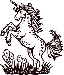 Elegant hand drawn unicorn rearing in floral meadow, vintage black outline mythical horse illustration