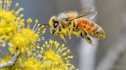 Honeybee in motion surrounded by pollen, capturing the essence of nature s pollinators